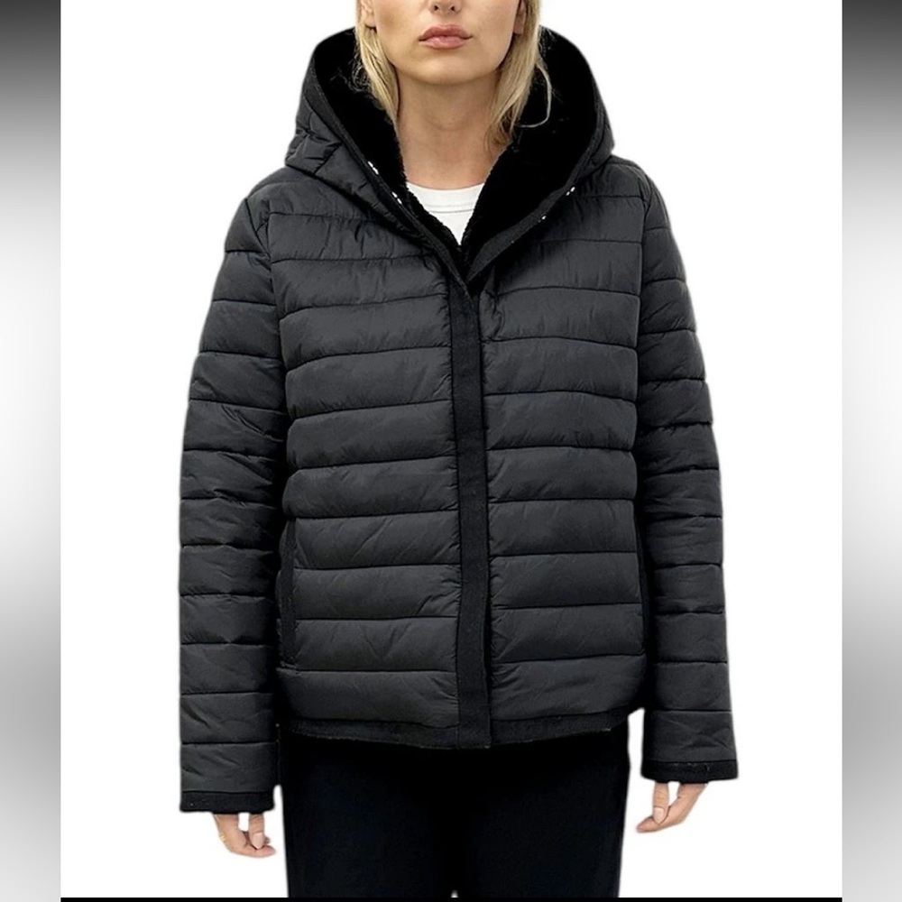 NWT Rebecca Minkoff Black Reversible Faux Fur Hooded Puffer Jacket Size M Medium